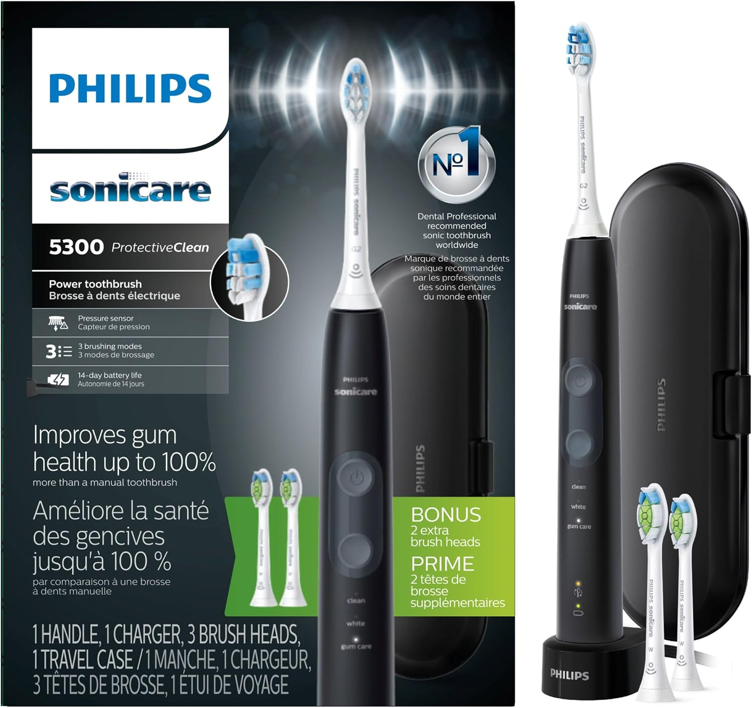 Philips Sonicare 5300 Rechargeable Electric Toothbrush, 3 Brush Head, Black