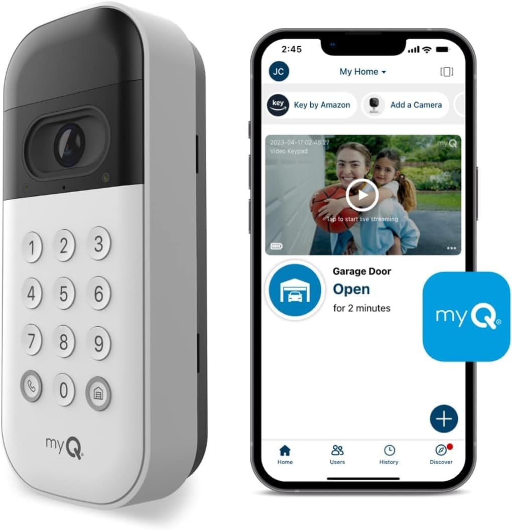 myQ Smart Garage Door Video Keypad with Wide-Angle Camera, Customizable PIN Codes, Smartphone Control - Access Works with Chamberlain, LiftMaster and Craftsman Openers, White